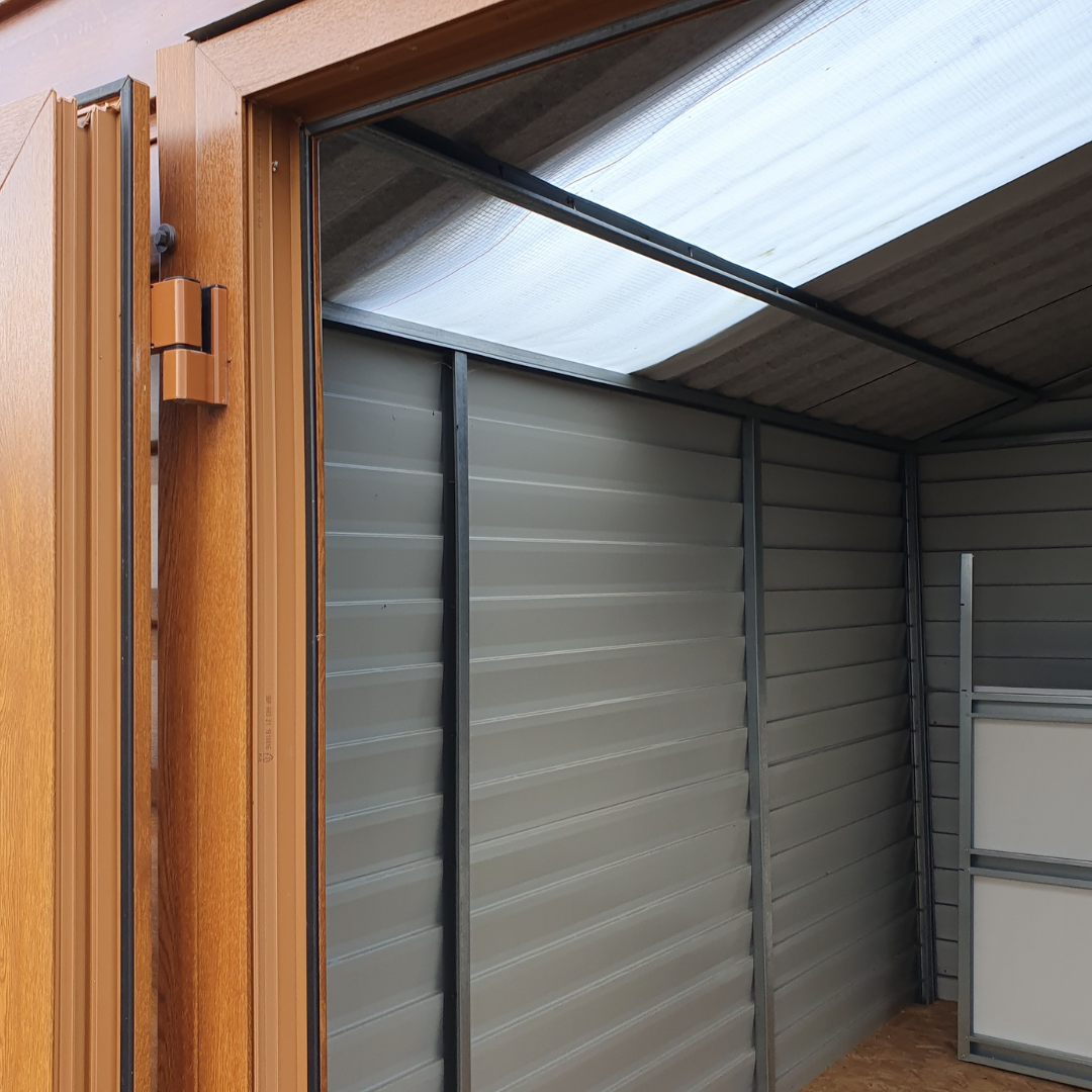 Woodgrain PVC coated steel shed