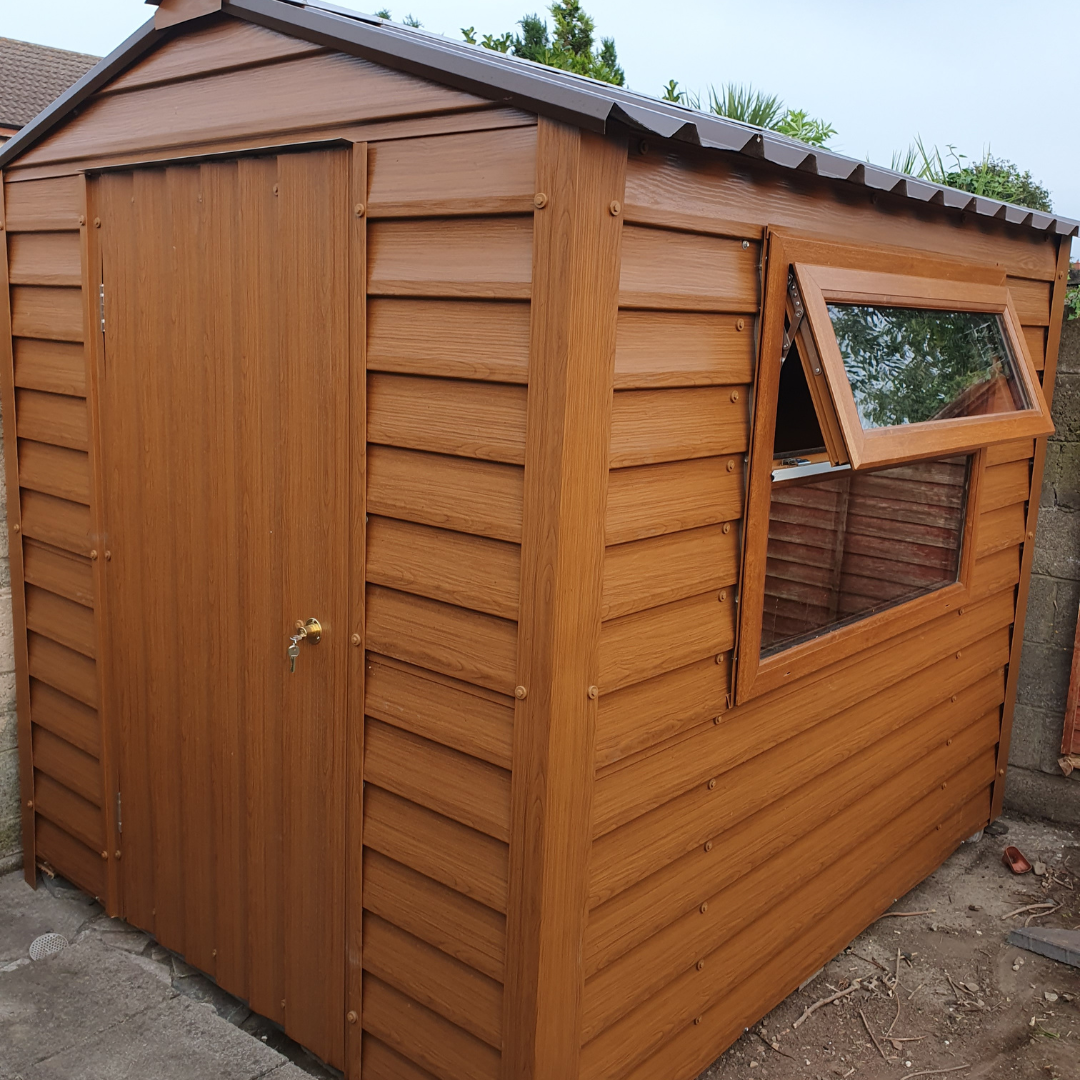 Woodgrain PVC coated steel shed