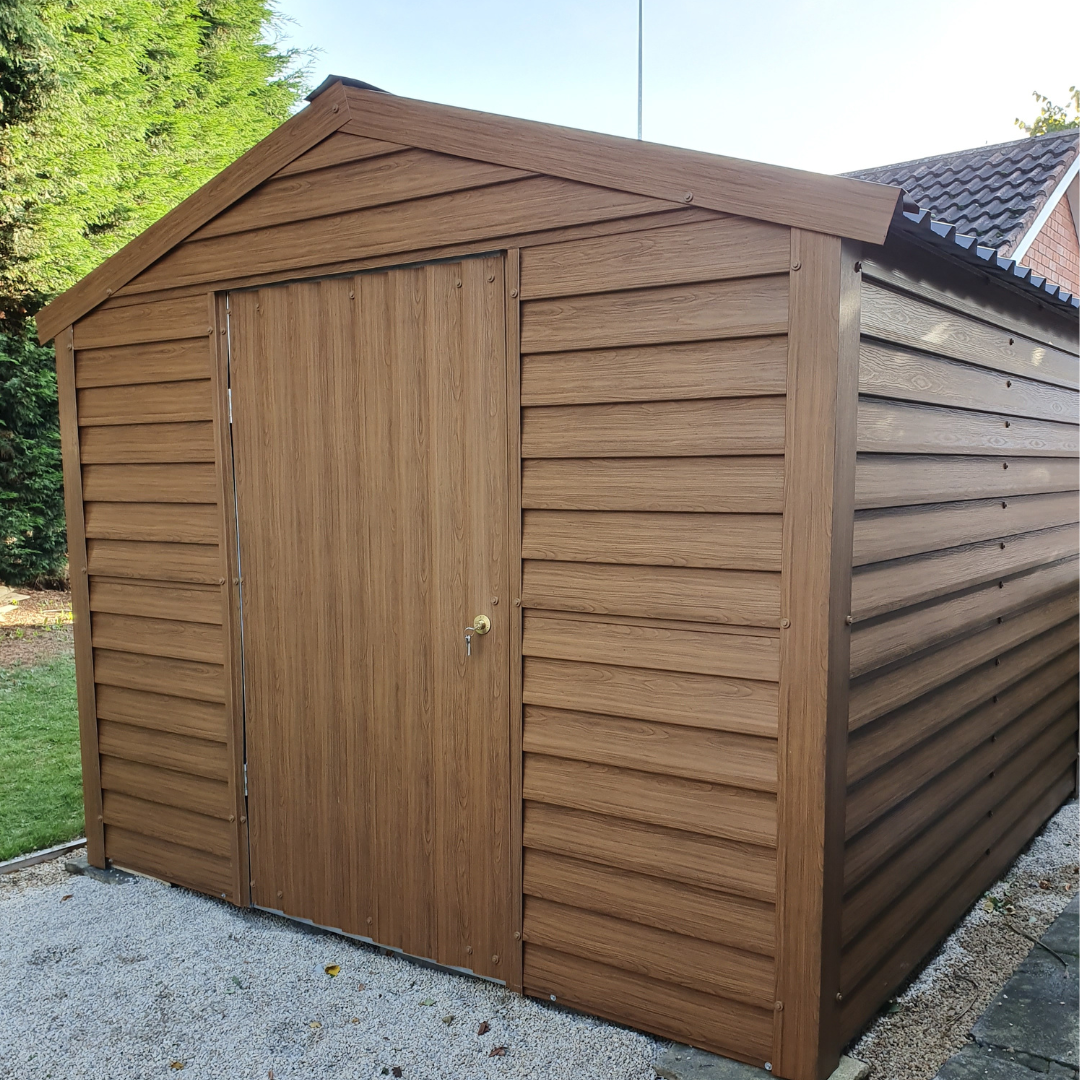 Woodgrain PVC coated steel shed