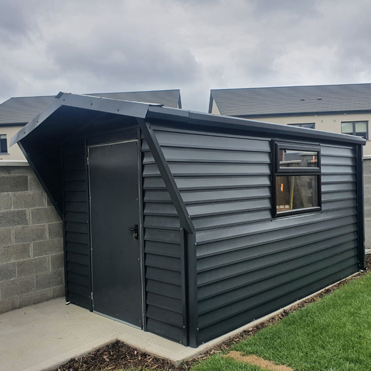 Black PVC coated steel shed