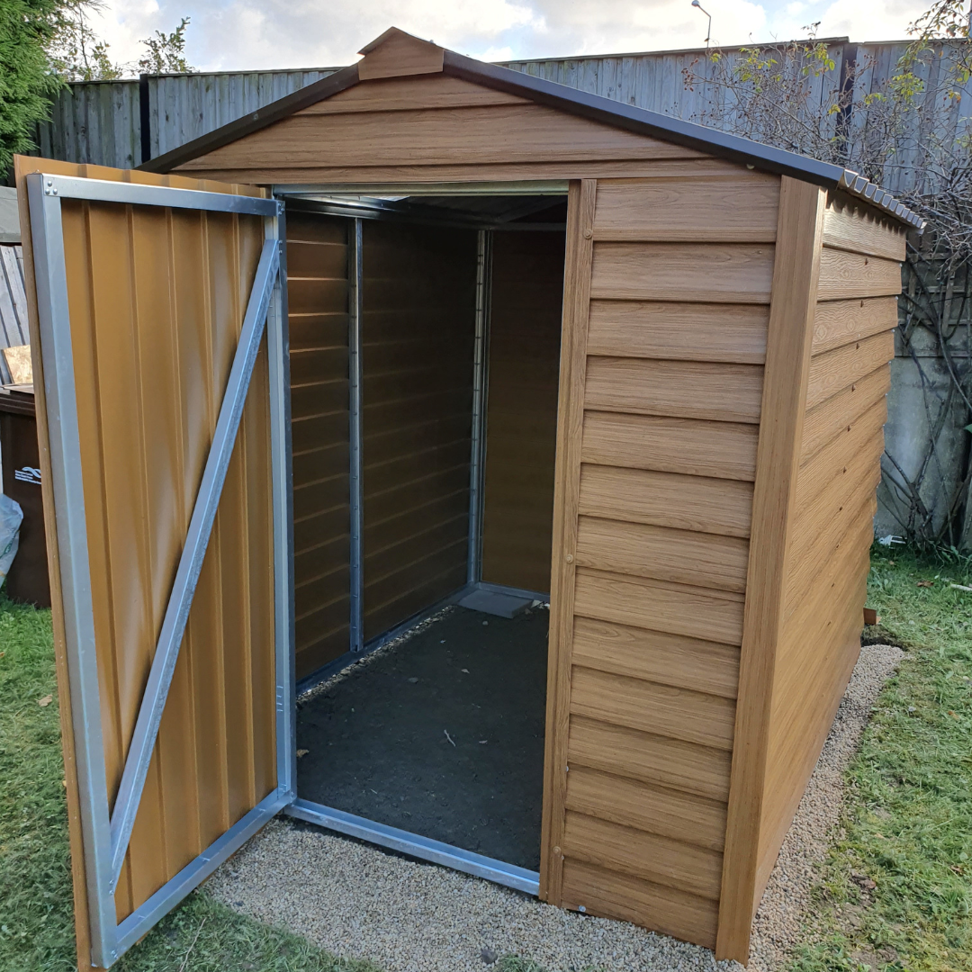 Woodgrain PVC coated steel shed